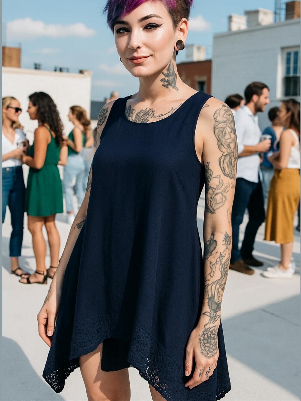 Elle Navy Blue Knee Length Sharkbite Hem Dress Eyelet Crochet